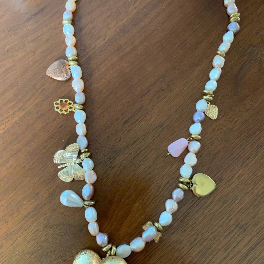 Gold and Pink Beaded Heart Charm Necklace - Women's Jewelry